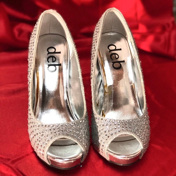 DEB Sparkly Silver Rhinestoned Peep Toe Stiletto High Heel Pumps~Wedding Prom~7 - Picture 6 of 12